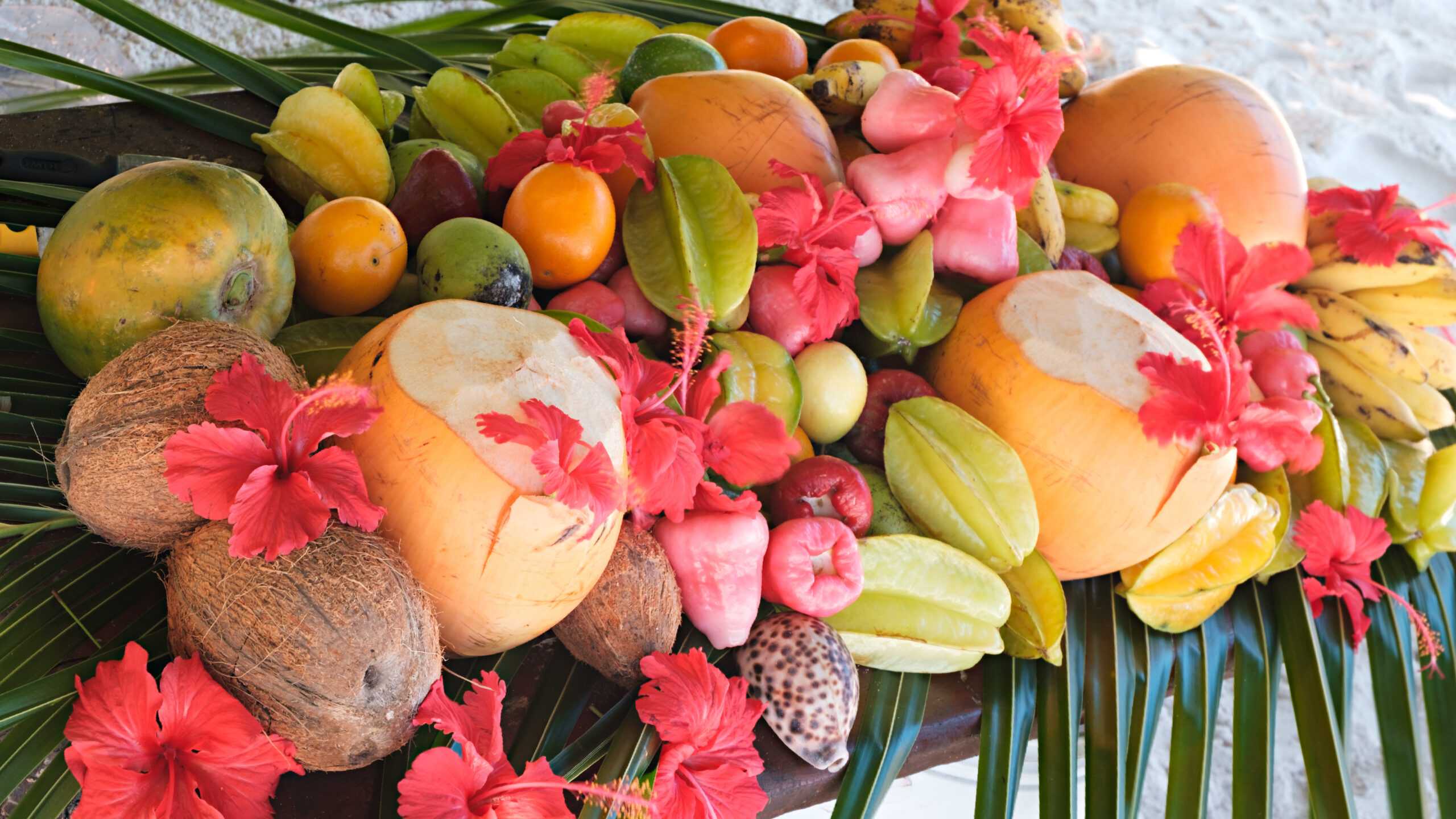 Tropical Fruits Background, Many Colorful Ripe Tropical Fruits