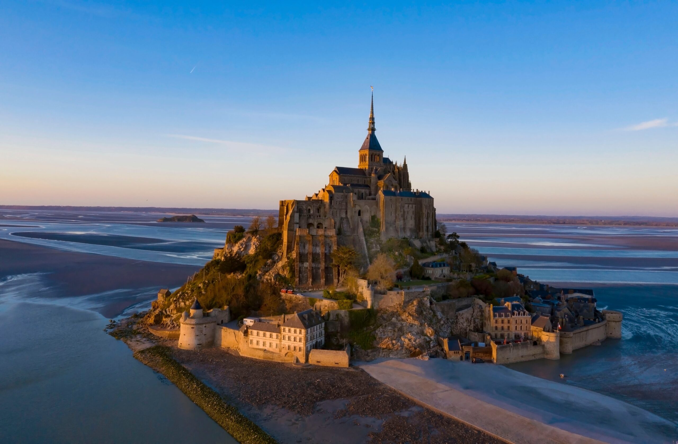 Aerial View Of Sunset Sky Scene At Mont Saint Michel, Normandy, France